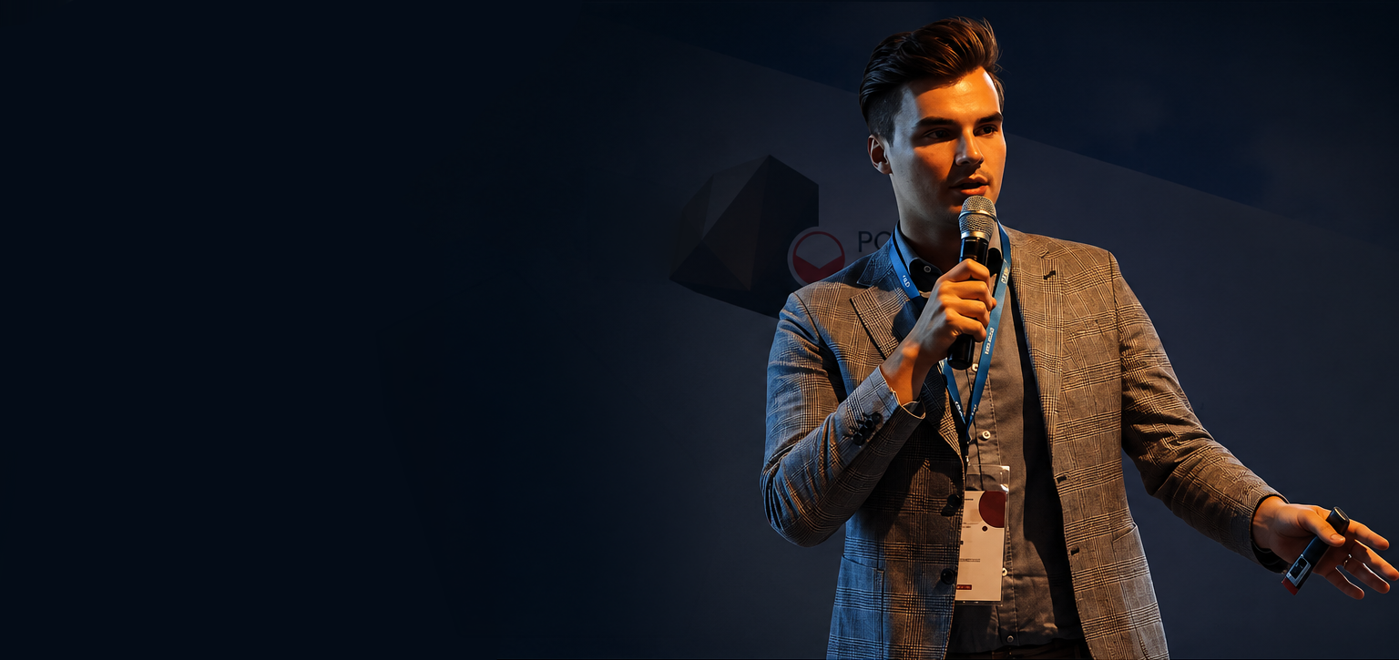 Michał Pyjas speaking on stage